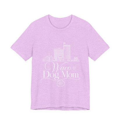 Waco Dog Mom Tee — dog mom Waco skyline artwork on Heather Prism Lilac tee