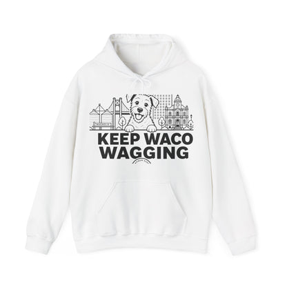 Waco Rescue Mutt Hoodie — Rescue Mutt and Waco skyline artwork on White hoodie