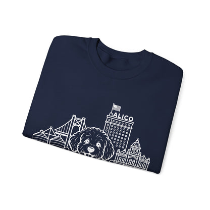 Waco Maltipoo Sweatshirt — Maltipoo and Waco skyline artwork, packaging or scale reference