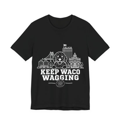 Keep Waco Wagging Doodle Edition — Doodle and Waco skyline artwork on Black tee