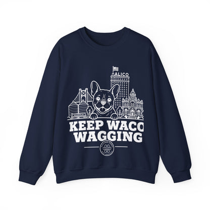 Waco Frenchie Sweatshirt — Frenchie and Waco skyline artwork on Navy crewneck