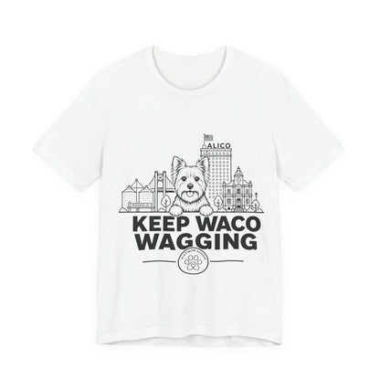 Keep Waco Wagging — Yorkie and Waco skyline artwork on White tee