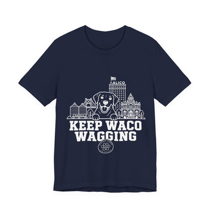 Keep Waco Wagging Labrador Edition — Labrador and Waco skyline artwork on Navy tee