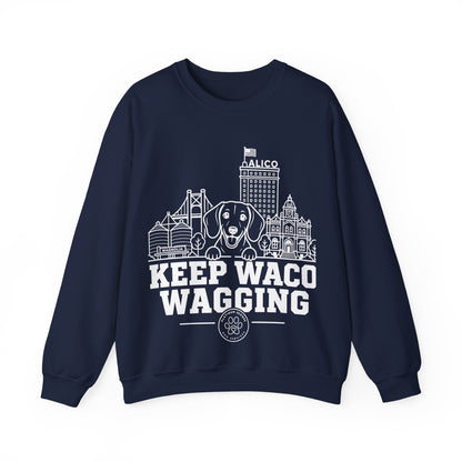 Waco Dachshund Sweatshirt — Dachshund and Waco skyline artwork on Navy crewneck