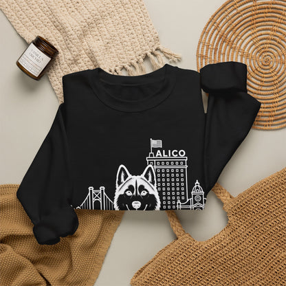 Waco Siberian Husky Sweatshirt — Siberian Husky and Waco skyline artwork, packaging or scale reference
