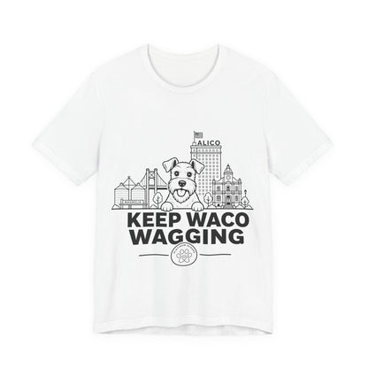 Keep Waco Wagging Schnauzer Edition — Schnauzer and Waco skyline artwork on White tee