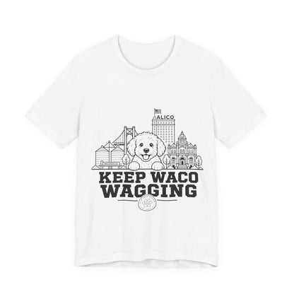Keep Waco Wagging Maltipoo Edition — Maltipoo and Waco skyline artwork on White tee