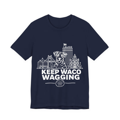 Keep Waco Wagging — Catahoula and Waco skyline artwork on Navy tee