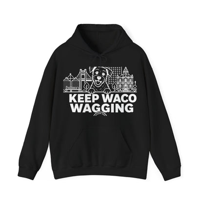 Waco Rescue Mutt Hoodie — Rescue Mutt and Waco skyline artwork on Black hoodie