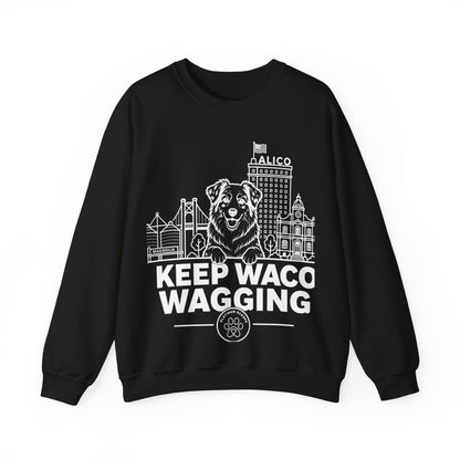 Waco Australian Shepherd Sweatshirt — Australian Shepherd and Waco skyline artwork on Black crewneck