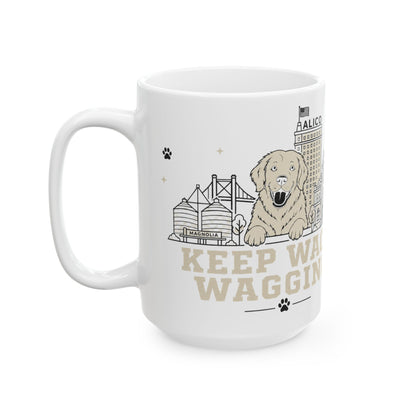 Keep Waco Wagging ceramic mug — Waco skyline mug, packaging or scale reference
