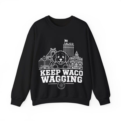 Waco Maltipoo Sweatshirt — Maltipoo and Waco skyline artwork on Black crewneck