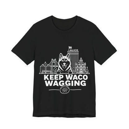 Keep Waco Wagging — Siberian Husky and Waco skyline artwork on Black tee