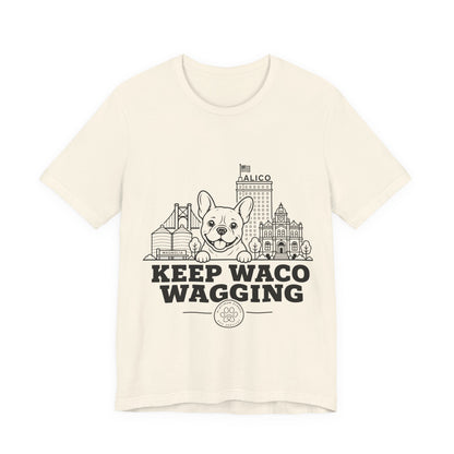 Keep Waco Wagging Frenchie Edition — Frenchie and Waco skyline artwork on Natural tee