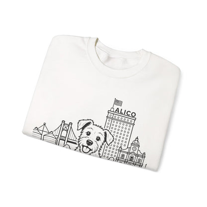 Waco Rescue Mutt Sweatshirt — Rescue Mutt and Waco skyline artwork, detail view