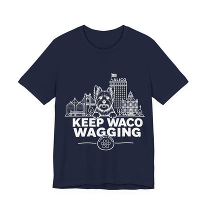 Keep Waco Wagging — Yorkie and Waco skyline artwork on Navy tee