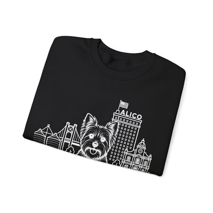 Waco Yorkie Sweatshirt — Yorkie and Waco skyline artwork, packaging or scale reference