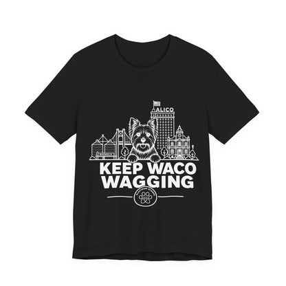 Keep Waco Wagging — Yorkie and Waco skyline artwork on Black tee