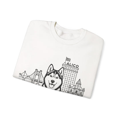 Waco Siberian Husky Sweatshirt — Siberian Husky and Waco skyline artwork, detail view