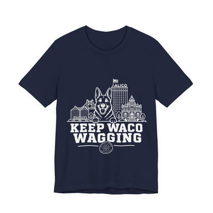 Keep Waco Wagging German Shepherd Edition — German Shepherd and Waco skyline artwork on Navy tee