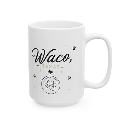 Keep Waco Wagging ceramic mug — Waco skyline mug, packaging or scale reference