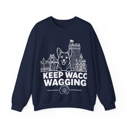 Waco Corgi Sweatshirt — Corgi and Waco skyline artwork on Navy crewneck