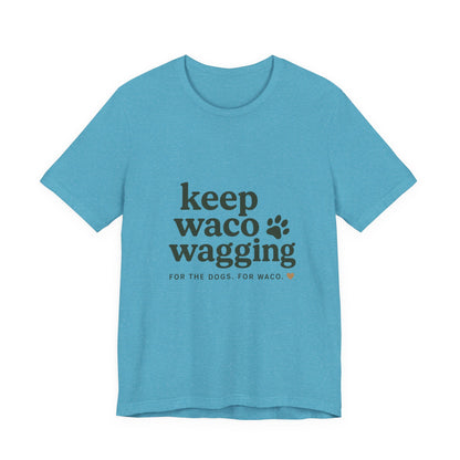 Walks & Treats Waco Streets tee — Waco skyline artwork on Heather Aqua tee
