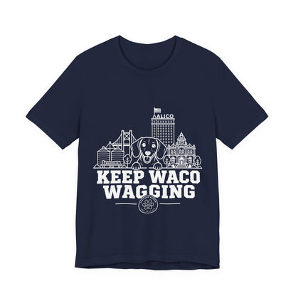Keep Waco Wagging Dachshund Edition — Dachshund and Waco skyline artwork on Navy tee