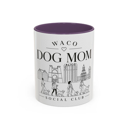 Waco Dog Mom Social Club mug (11oz) — Waco skyline artwork with Purple accent