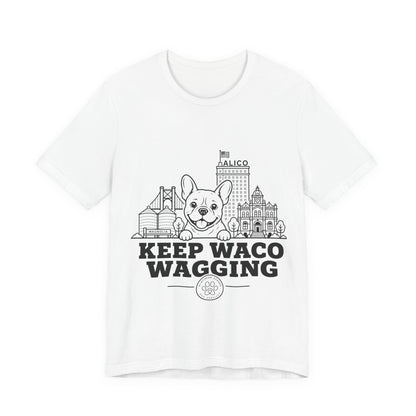 Keep Waco Wagging Frenchie Edition — Frenchie and Waco skyline artwork on White tee