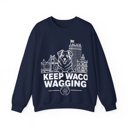 Waco Australian Shepherd Sweatshirt — Australian Shepherd and Waco skyline artwork on Navy crewneck