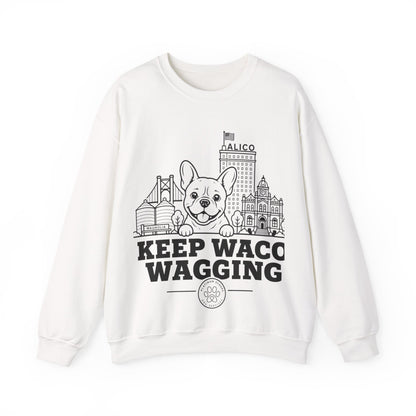 Waco Frenchie Sweatshirt — Frenchie and Waco skyline artwork on White crewneck