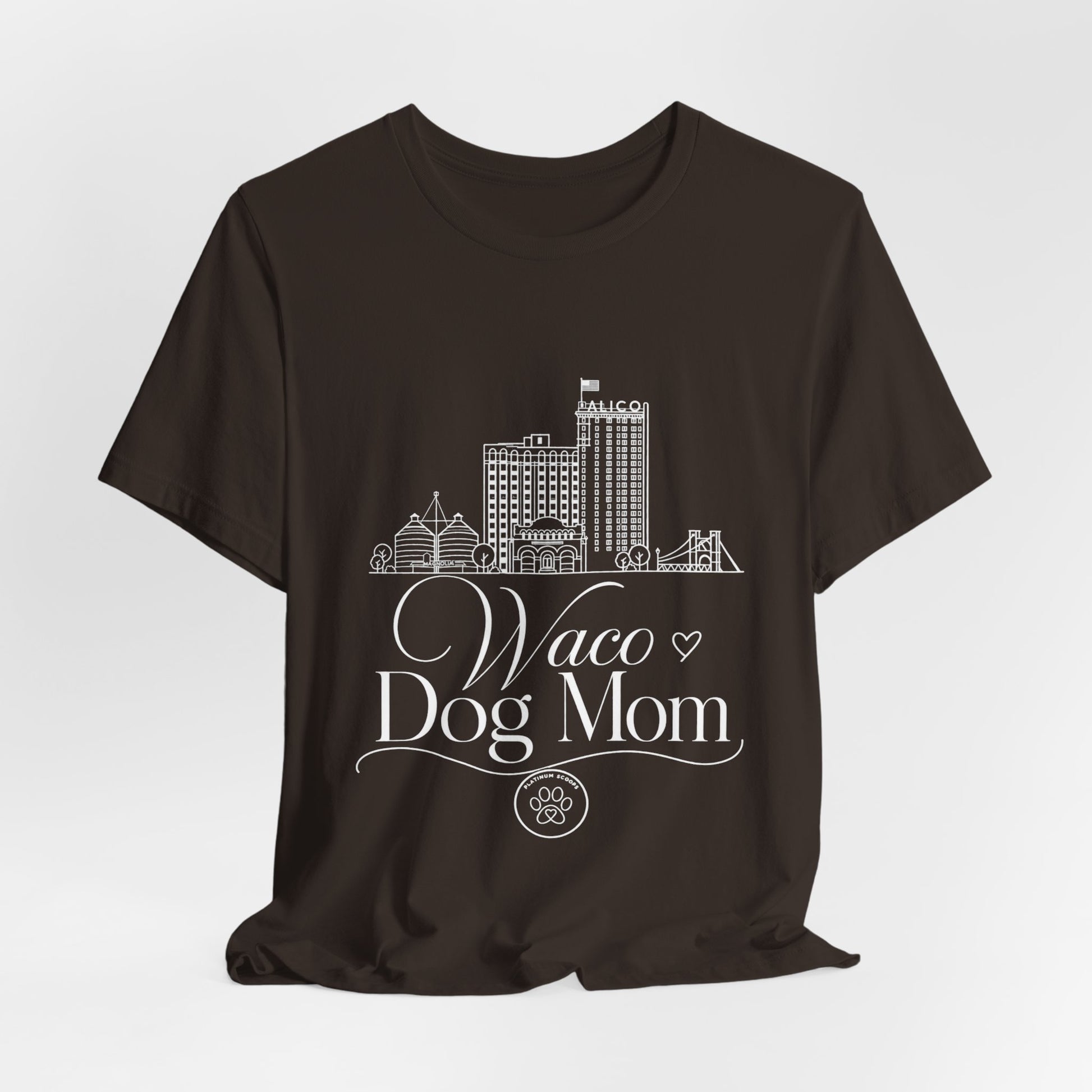 Waco Dog Mom Tee — dog mom Waco skyline artwork, packaging or scale reference