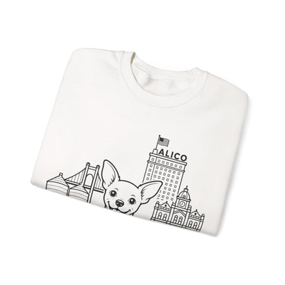 Waco Chihuahua Sweatshirt — Chihuahua and Waco skyline artwork, detail view
