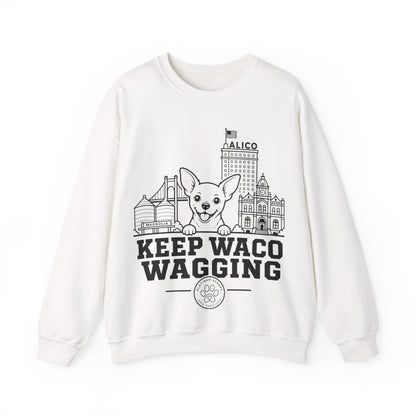 Waco Chihuahua Sweatshirt — Chihuahua and Waco skyline artwork on White crewneck
