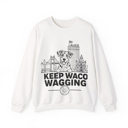 Waco Catahoula Sweatshirt — Catahoula and Waco skyline artwork on White crewneck