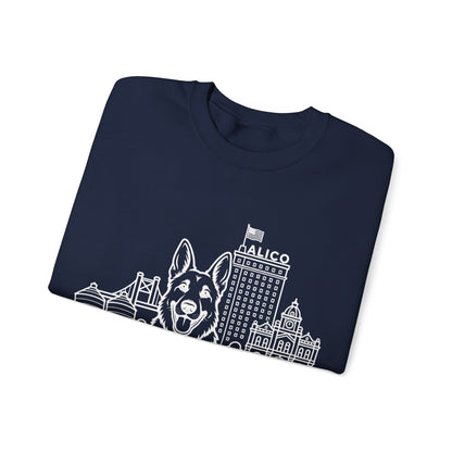 Waco German Shepherd Sweatshirt — German Shepherd and Waco skyline artwork, packaging or scale reference