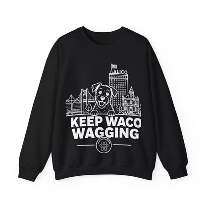 Waco Rescue Mutt Sweatshirt — Rescue Mutt and Waco skyline artwork on Black crewneck