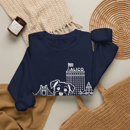 Waco Rescue Mutt Sweatshirt — Rescue Mutt and Waco skyline artwork, packaging or scale reference