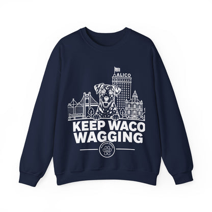 Waco Catahoula Sweatshirt — Catahoula and Waco skyline artwork on Navy crewneck