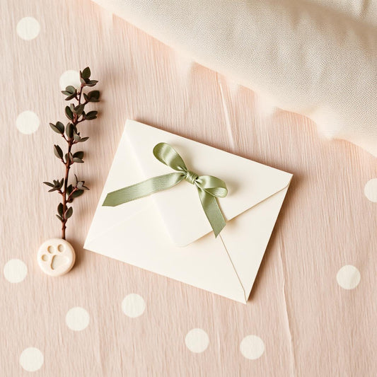 Keep Waco Wagging gift certificate envelope with sage ribbon
